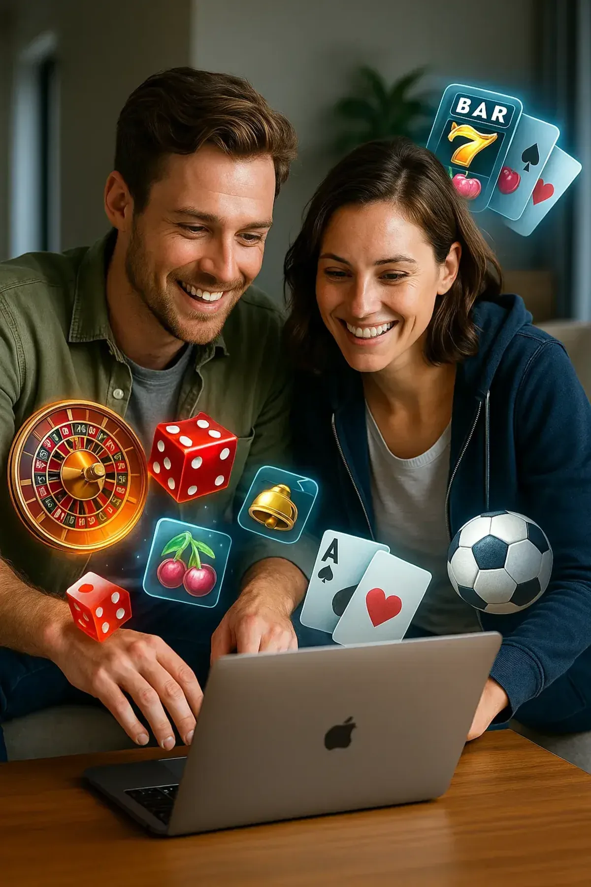 A happy young couple sitting on a couch, smiling as they play on a laptop. Floating around them are various casino game icons like dice, playing cards, a roulette wheel, and a soccer ball from Spinz.