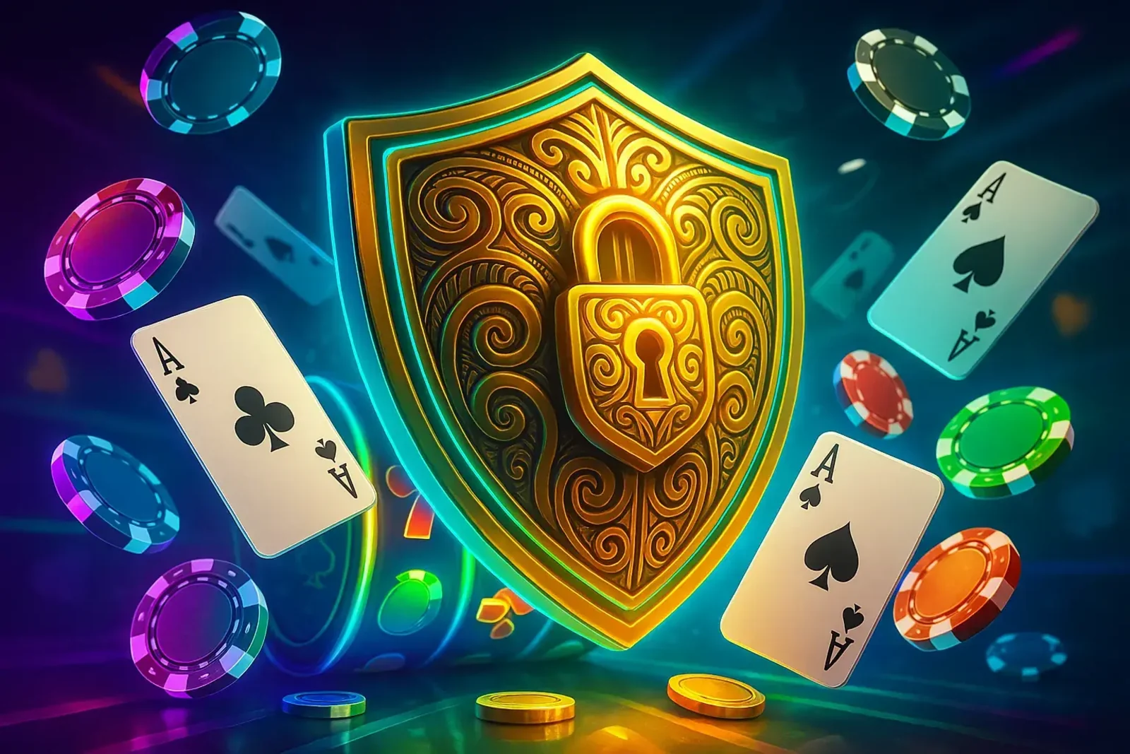 A golden, ornate shield with a padlock in the center, symbolizing the secure gaming environment at Spinz. The shield is surrounded by floating playing cards and casino chips.