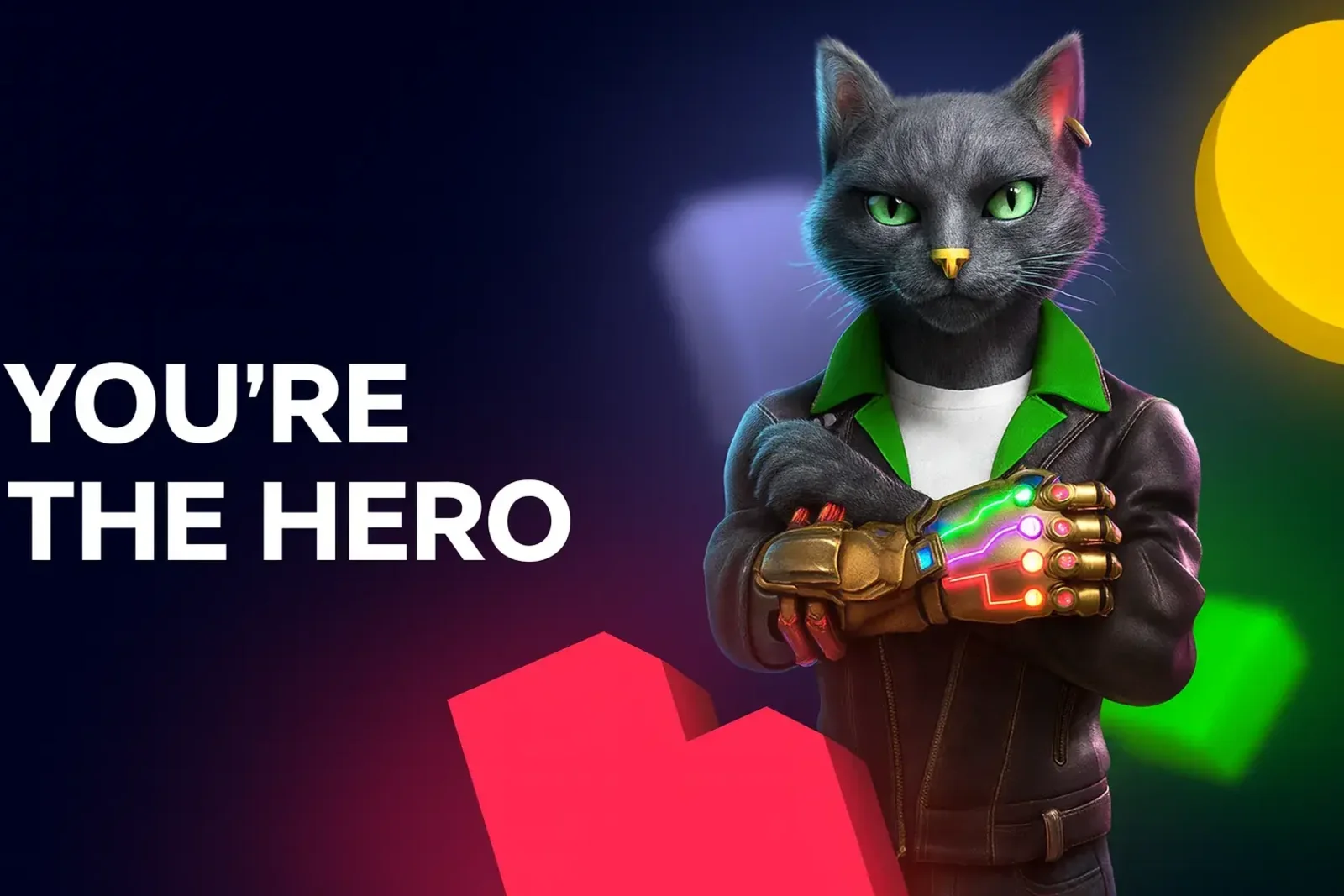 The cool gray cat mascot from Spinz wearing a leather jacket and a powerful, glowing gauntlet, with the text YOU'RE THE HERO beside him, on a modern, abstract background.
