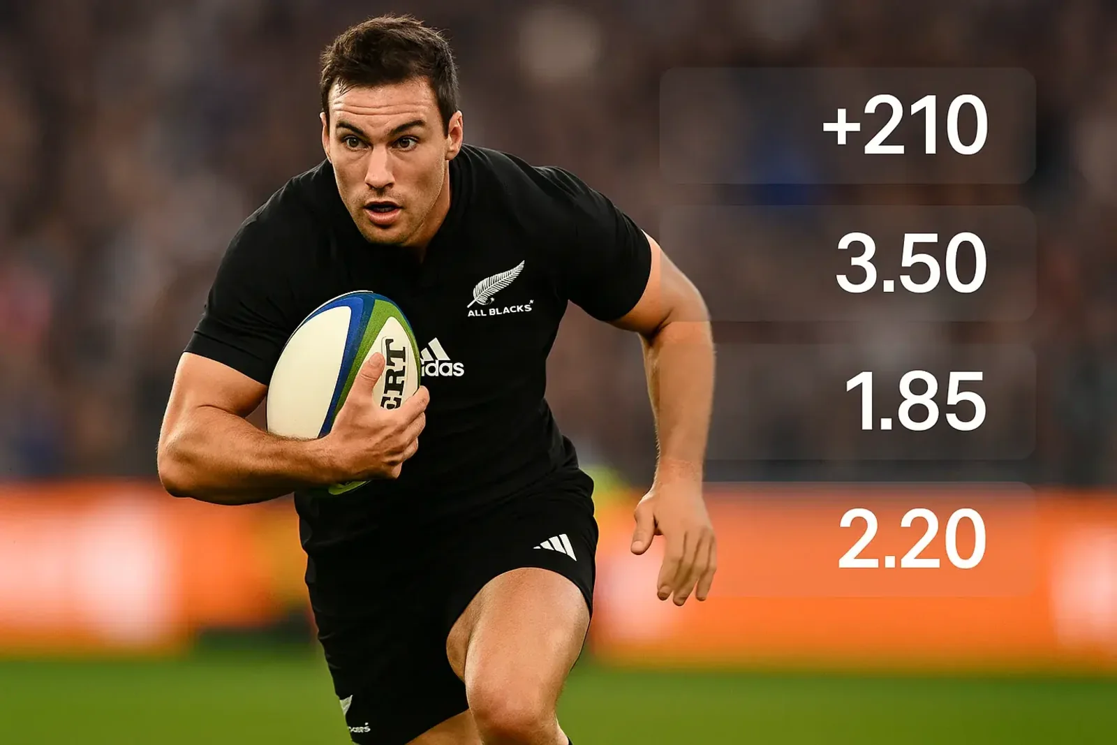 A New Zealand All Blacks rugby player running with the ball during a match. Floating odds like +210 and 1.85 are displayed, advertising rugby betting options on Spinz.