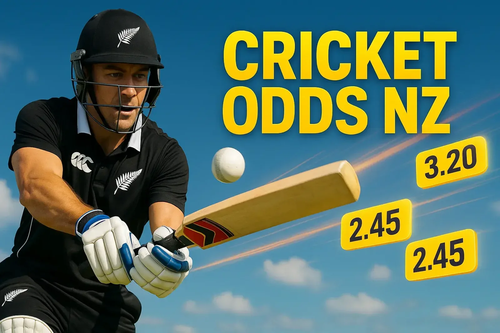 An action shot of a New Zealand cricket player batting, with the text CRICKET ODDS NZ and examples of betting odds like 3.20 and 2.45, promoting sports betting at Spinz.
