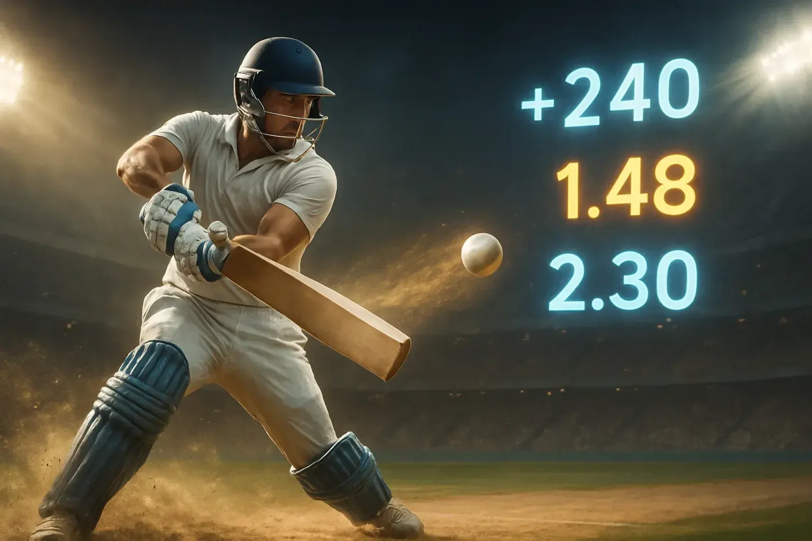A dramatic shot of a cricket batsman in a stadium at night, hitting a ball. Glowing betting odds are displayed, highlighting the cricket betting markets available at Spinz.