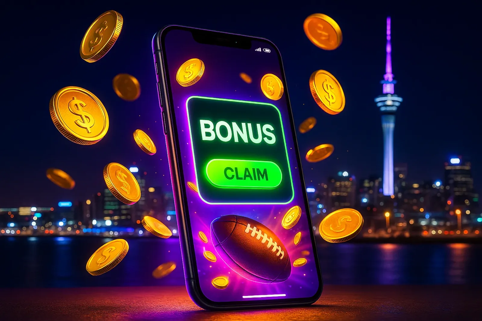 A smartphone showing a BONUS - CLAIM screen from Spinz, with gold coins and a rugby ball flying around it. The Auckland, New Zealand skyline is visible in the background at night.