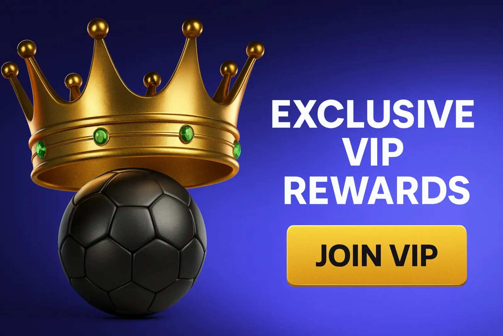 An elegant banner for EXCLUSIVE VIP REWARDS at Spinz, showing a golden crown with green gems resting on a black soccer ball against a deep blue background, with a JOIN VIP button.