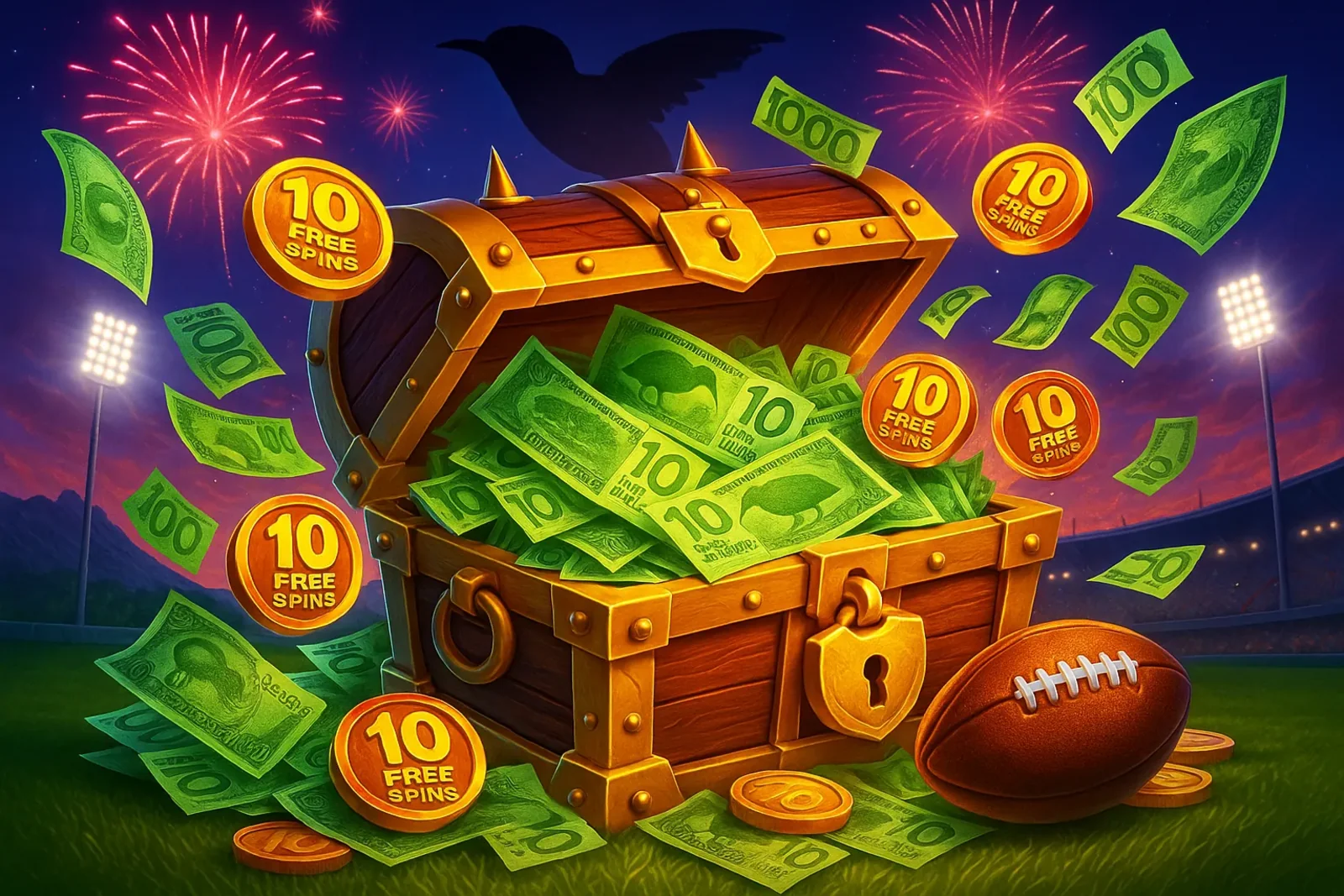 A treasure chest overflowing with cash and coins labeled 10 FREE SPINS on a sports field under stadium lights with fireworks. A rugby ball sits next to the chest, promoting a Spinz sports bonus.