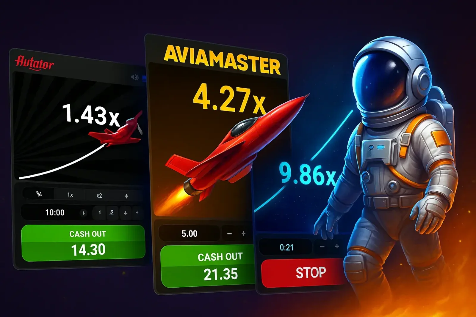 A promotional image for the Aviamaster crash game at Spinz, showing three different game screens with multipliers like 4.27x and 9.86x, with an astronaut character looking on.