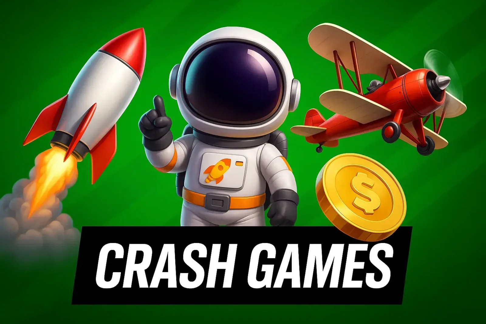 An advertisement for CRASH GAMES at Spinz, featuring a cartoon astronaut, a rocket, a biplane, and a large gold coin against a vibrant green background.