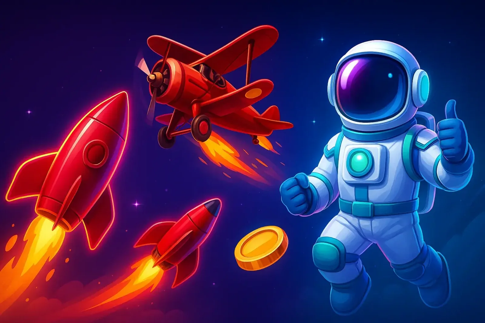 A fun space-themed image for Spinz, featuring a cartoon astronaut giving a thumbs-up, surrounded by rockets, a red biplane, and a gold coin in a vibrant nebula.