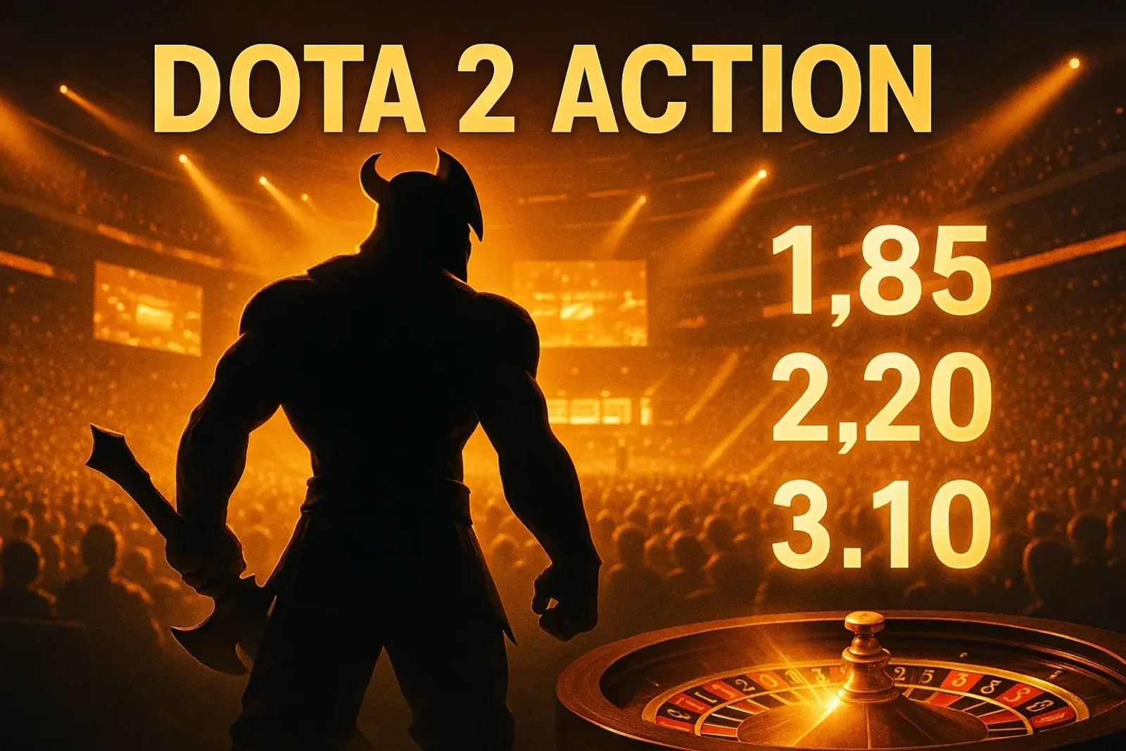 A silhouette of a powerful Dota 2 hero in a packed arena, advertising DOTA 2 ACTION at Spinz. Betting odds are displayed next to the character, inviting users to place bets.