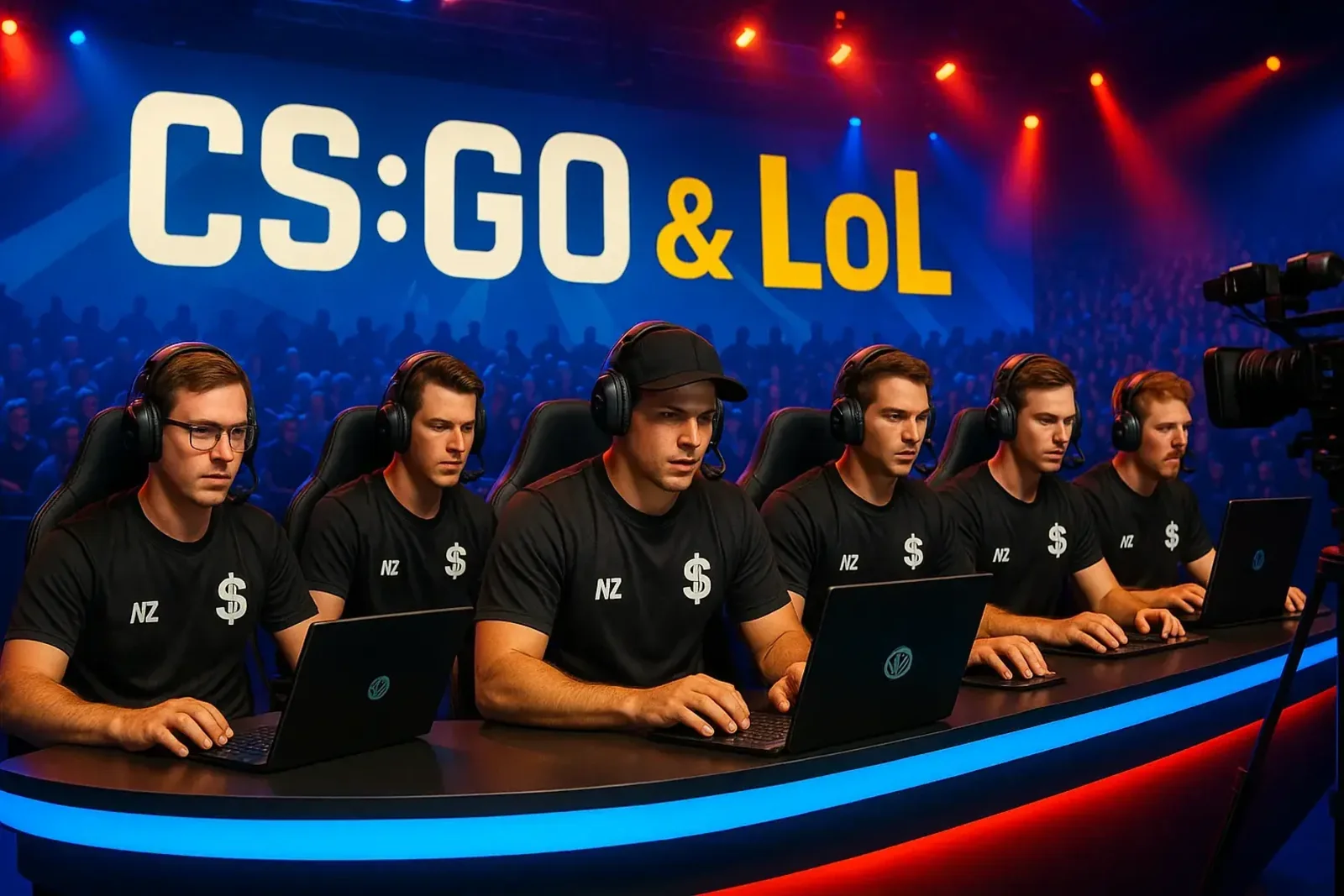 A team of professional esports players from New Zealand competing in a CS:GO & LoL tournament, focused on their laptops. This promotes esports betting at Spinz.