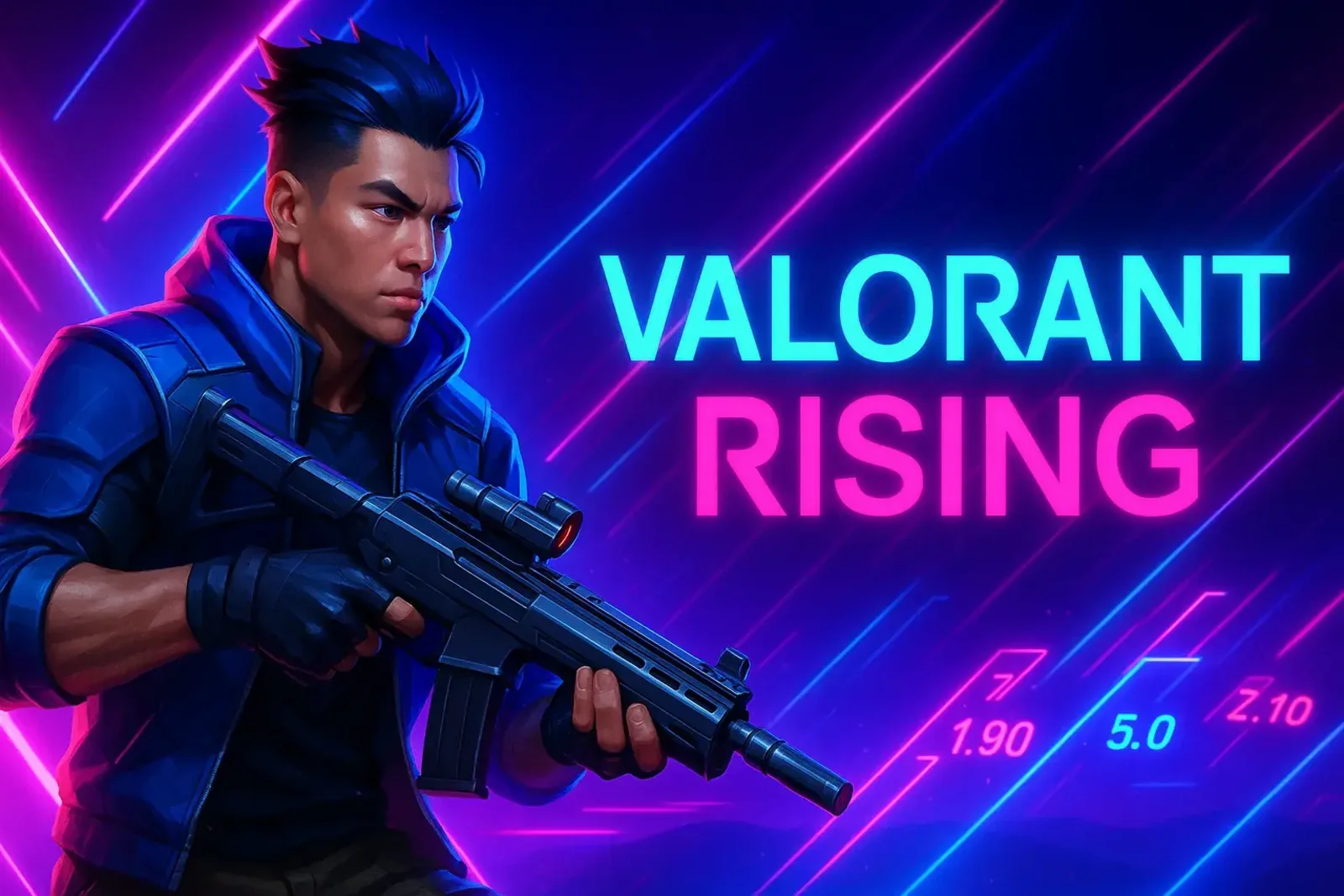 A stylized character from the game Valorant holding a rifle against a futuristic neon background. The text VALORANT RISING and betting odds promote esports betting on Spinz.