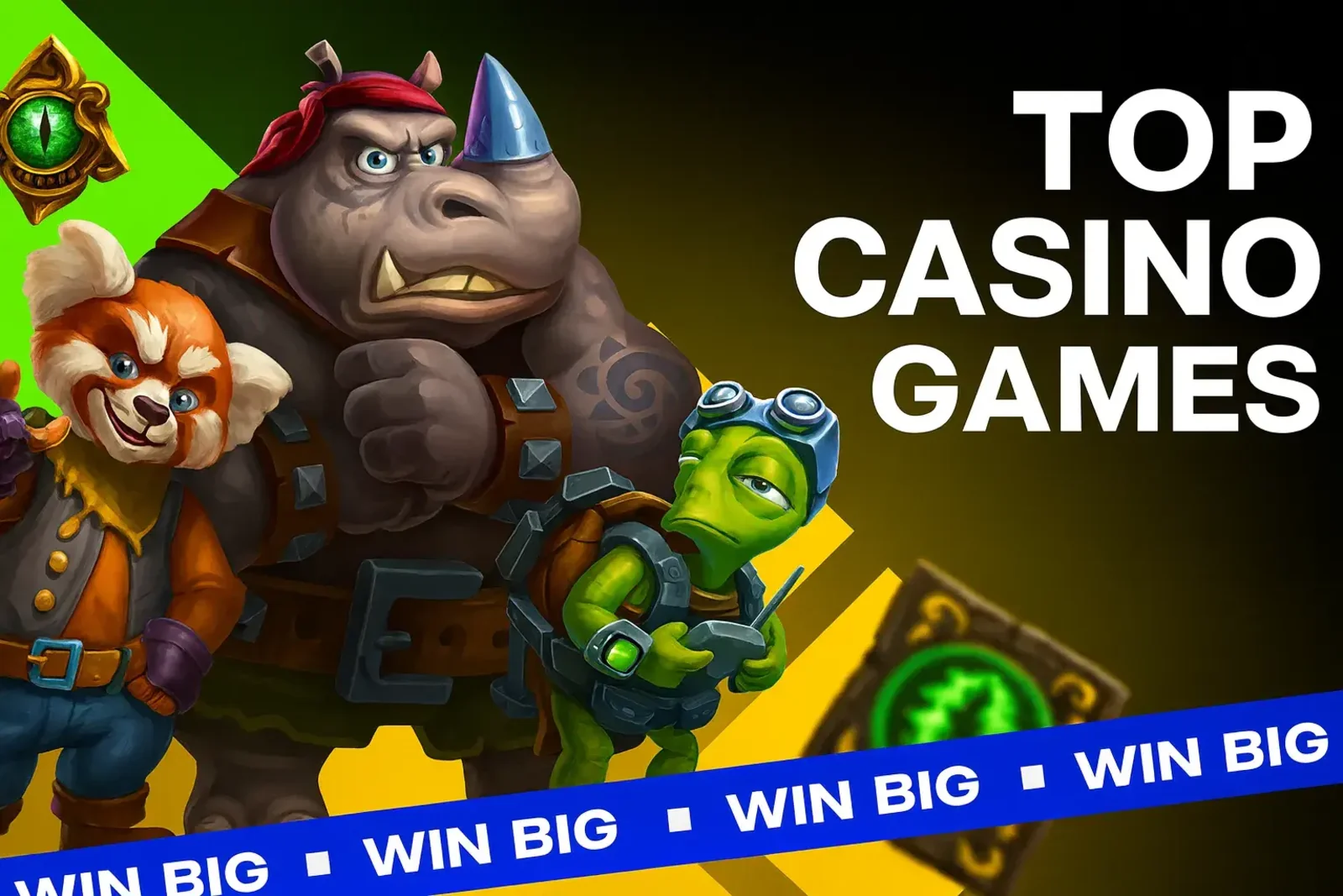 Promotional banner for Top Casino Games at Spinz, featuring the same popular Evoplay characters: a rhino, red panda, and turtle, with a blue ribbon below that says WIN BIG.