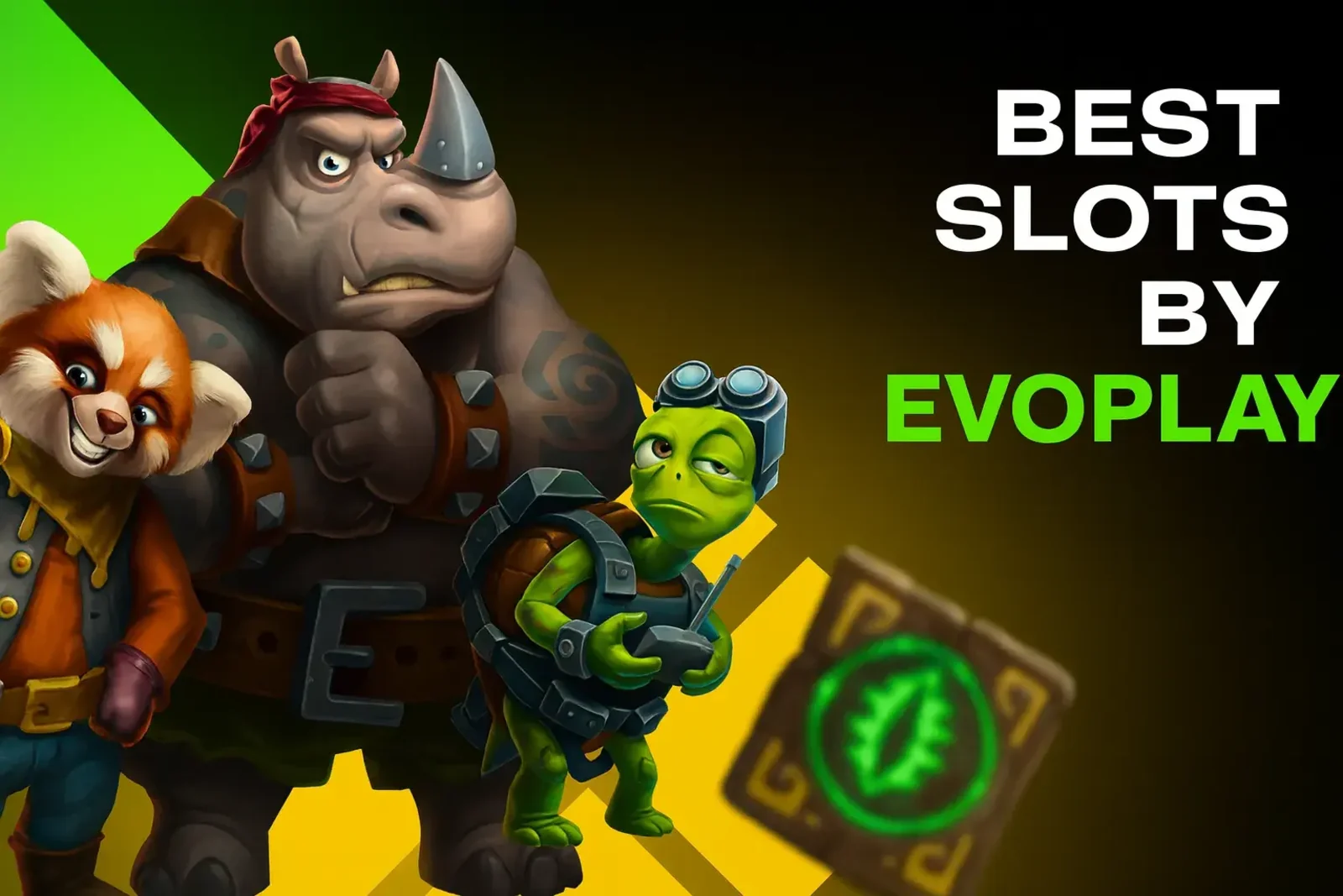 A promotional banner for Best Slots by Evoplay at Spinz, showcasing popular cartoon characters from their games, including a tough rhino, a clever red panda, and a turtle with goggles.