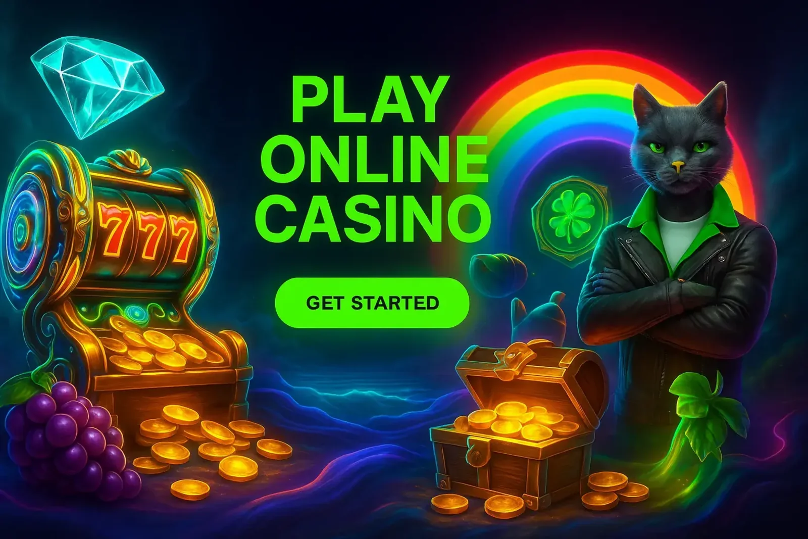 A vibrant promotional image for Spinz Casino featuring a glowing slot machine with 777, piles of gold coins, a treasure chest, and a cool black cat mascot in a leather jacket under a rainbow.