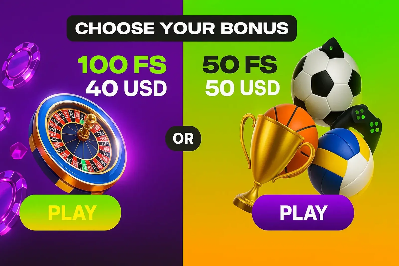 Choose Your Bonus promotion at Spinz. On the left, a casino offer with a roulette wheel: 100 Free Spins for 40 USD. On the right, a sports offer with a trophy and balls: 50 Free Spins for 50 USD.