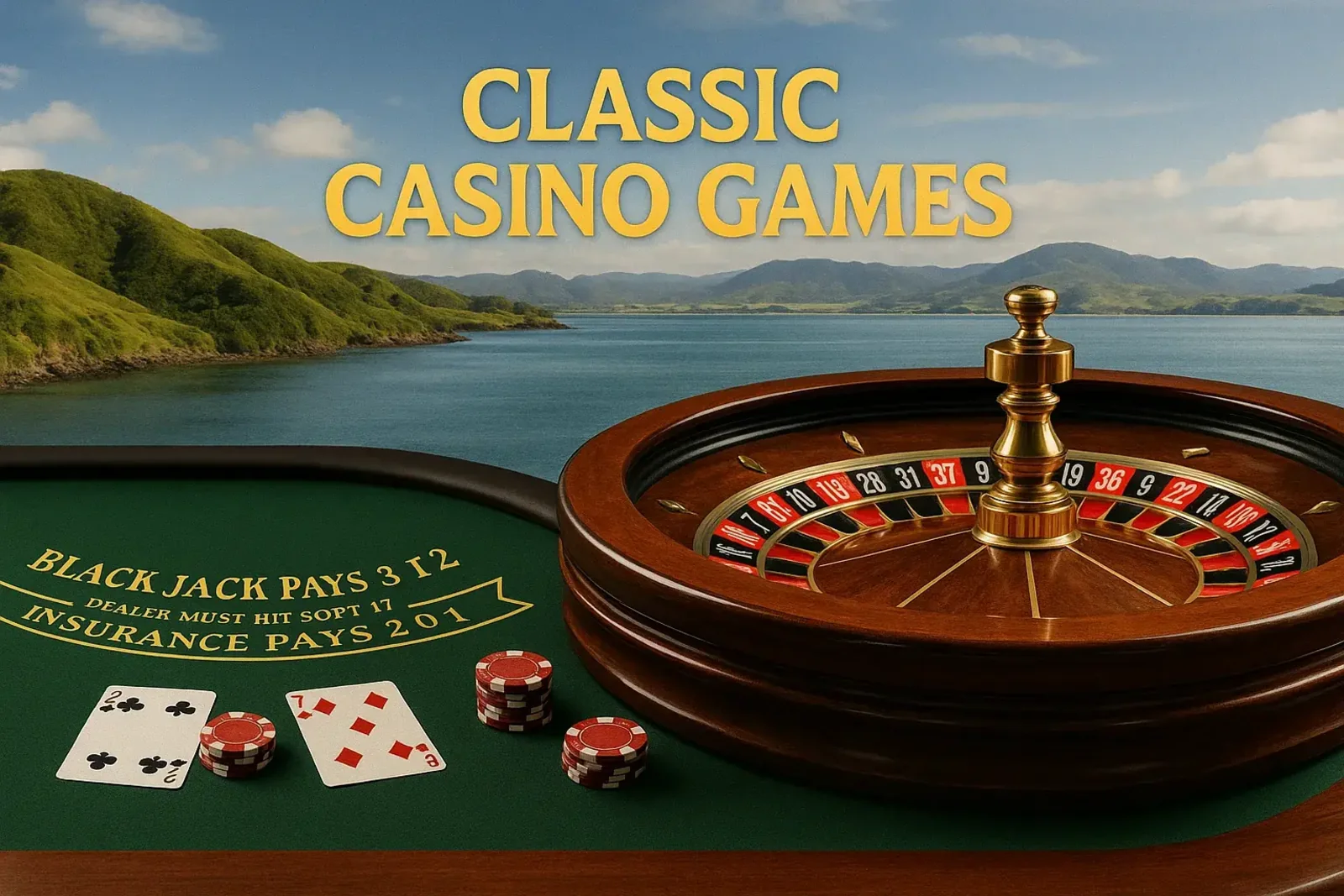 A scenic view of a New Zealand coastline behind a classic casino setup at Spinz, featuring a blackjack table, playing cards, casino chips, and a wooden roulette wheel.
