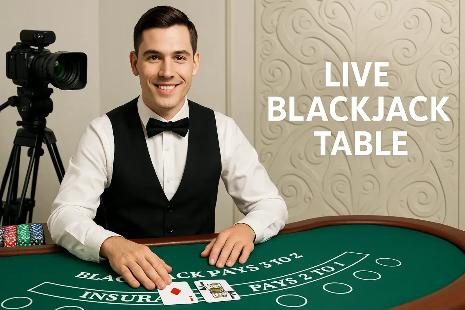 A smiling male dealer in a bowtie sits at a LIVE BLACKJACK TABLE at Spinz, dealing cards for a game. A professional camera is visible, showing the live studio setup.