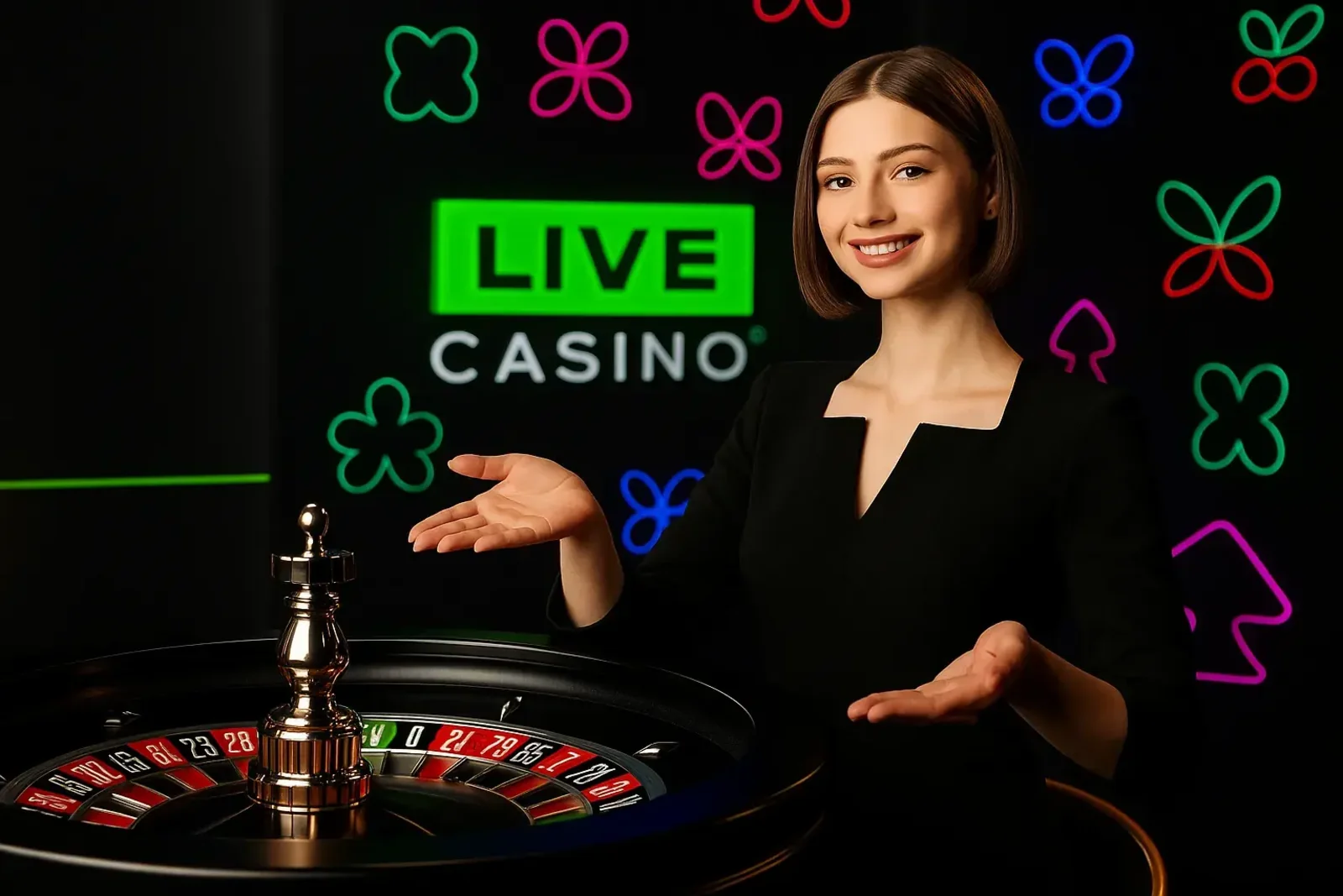 A professional and friendly female dealer at the Spinz Live Casino, standing behind a roulette wheel with her hands open in a welcoming gesture. The background has neon LIVE CASINO text.