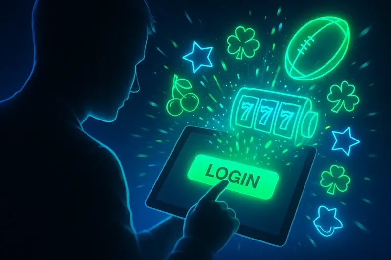 A silhouette of a person tapping the glowing green LOGIN button on a tablet displaying the Spinz interface, with neon casino icons like 777, clovers, and cherries floating around.