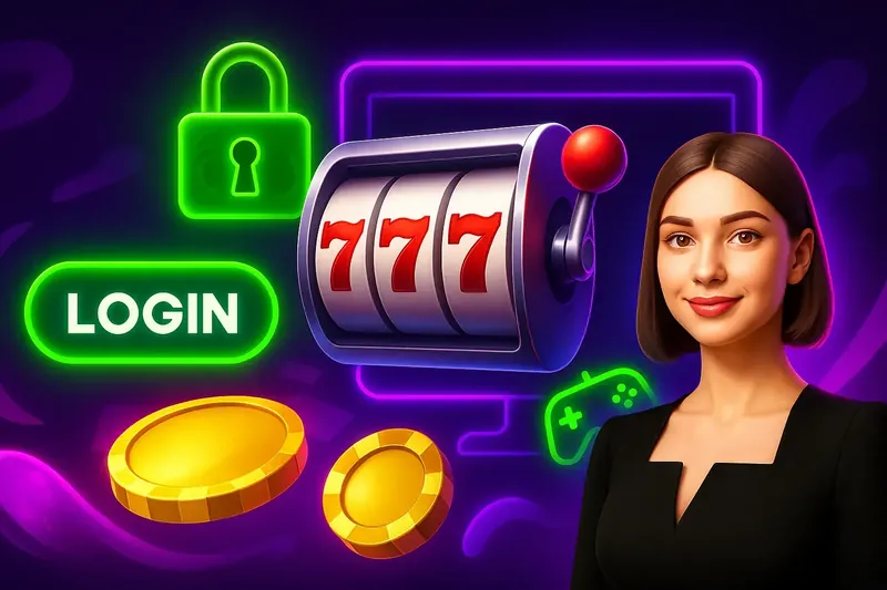 A friendly woman welcomes you to the Spinz login page, surrounded by neon icons like a slot machine showing 777, a lock, gold coins, and a game controller, all on a purple background.