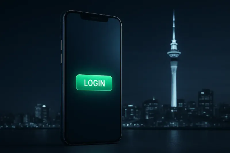 A smartphone displaying the Spinz login screen with a glowing green button, set against a nighttime view of the Auckland, New Zealand city skyline, highlighting easy mobile access.