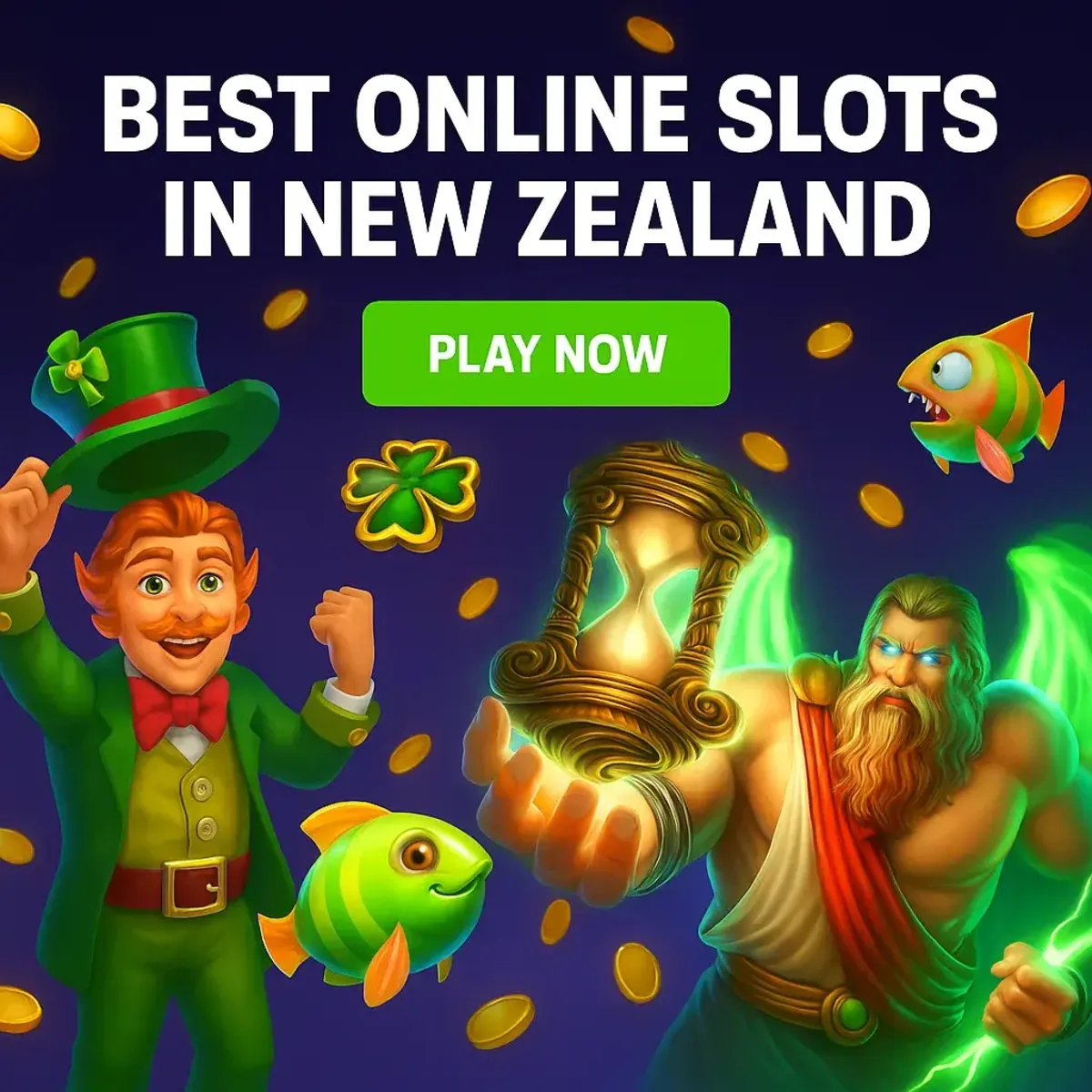 Promotion for the Best Online Slots in New Zealand at Spinz. It features a leprechaun, a god-like figure holding an hourglass, and floating fish, with a green PLAY NOW button.