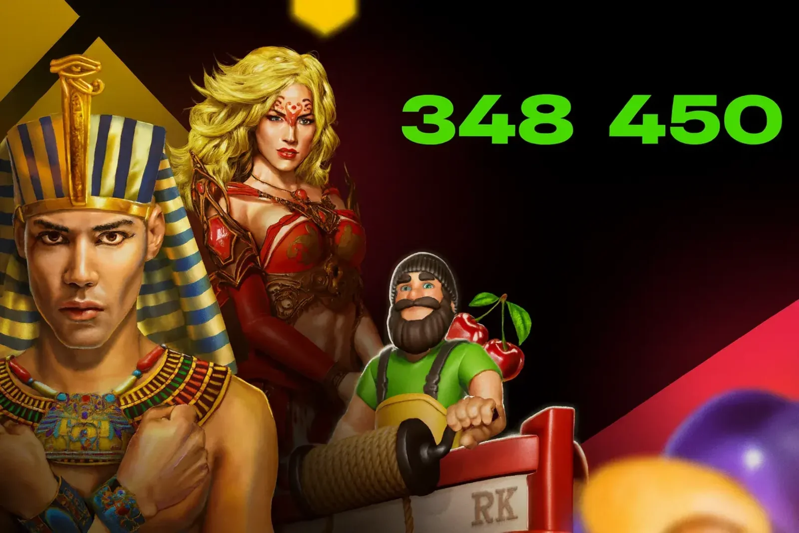 A banner showcasing some of the winning characters from Spinz slot games, including a pharaoh and a warrior, next to the winning number 348 450, highlighting big win potential.
