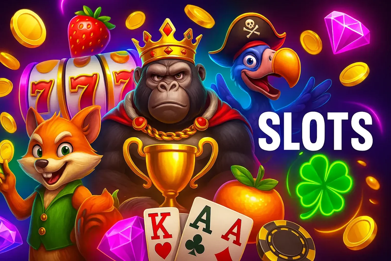 A colorful collage of popular slot game elements available at Spinz, including a crowned gorilla, a pirate parrot, a fox, a 777 slot machine, playing cards, coins, and a lucky clover.